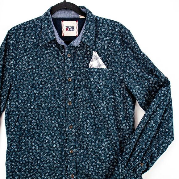 Floral Button-Up Chambray Trim – Men’s Medium Long Sleeve Casual | Vintage Red - Picture 5 of 12